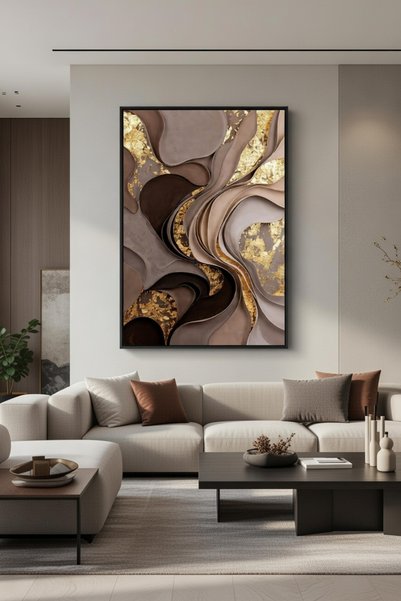 hollywest Lüks Kahve & Gold Soyut Duvar Sanatı | Modern Çerçeveli Tablo