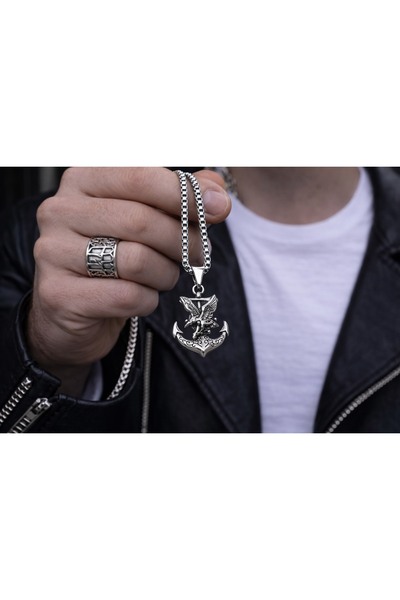 voyageaccessory Stainless Steel Eagle Detailed Sailor Anchor Men's Necklace