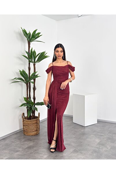 Mialora Strappy Off-Shoulder Detailed Draped Front Slit Glittery Maxi Women's...