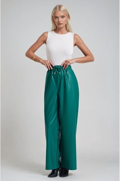 Lijuri Elastic Waist Lace-Up Faux Leather Wide Leg Trousers 0113