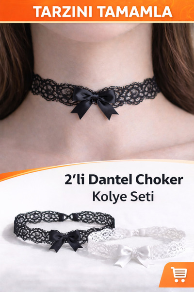 Liora De Mar 2’li Dantel Choker Kolye Seti Siyah Beyaz – Fiyonklu Zarif Boyun...