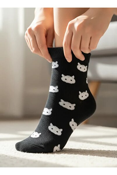 CANMODA Recien Unisex Cat Patterned Black Cotton College Socks (Fits Size 36-44)