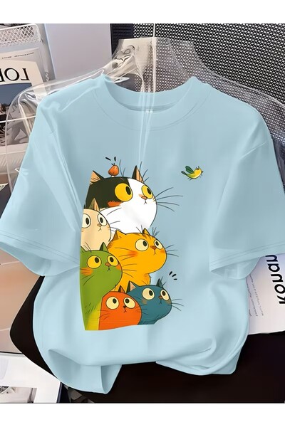 oneagılyazı تي شيرت عصري مطبوع بأكمام قصيرة للنساء، متعدد الألوان بتصميم قطة ...