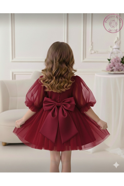 PRİNCESS Kız Çoçuk Balon Kol Bordo Eteği Tül Elbise,Kız Çoçuk Abiye Elbise,Kı...