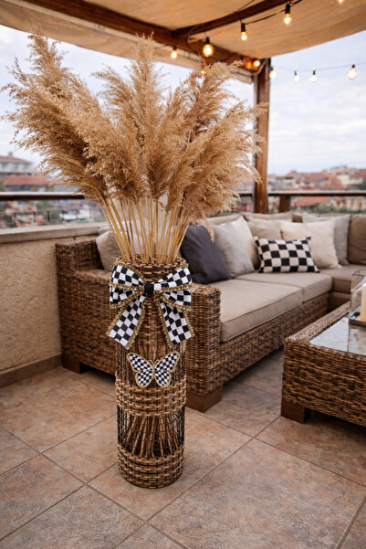 Marrone Pampas Vazosu Hasır Vazo Damalı Kelebekli 50 cm