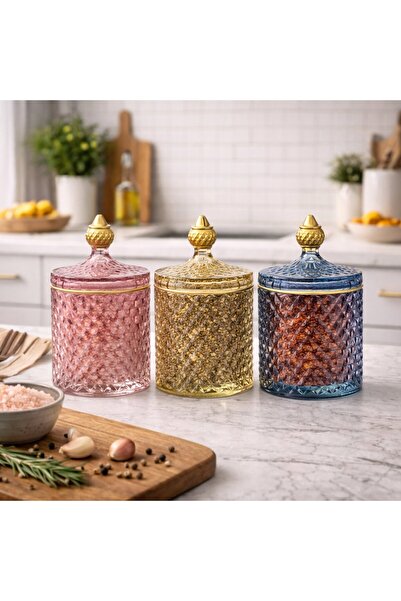 HUBART 3’lü Gold Detaylı Renkli Kapaklı Cam Baharatlık Kavanoz Seti – Şekerli...