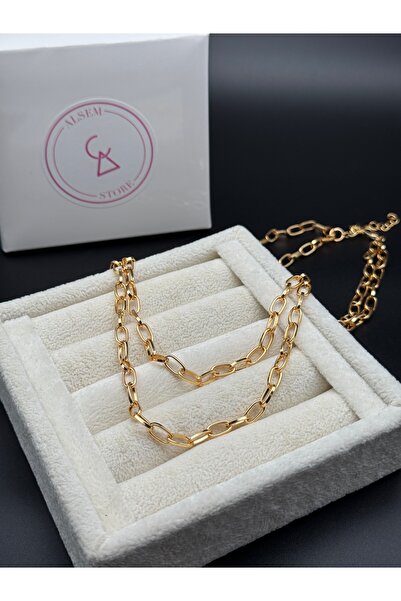 Alsem Kadın 14 Ayar Gold Renk Çift Sıralı Geçmeli Zincir Kolye , 40 cm Choker...
