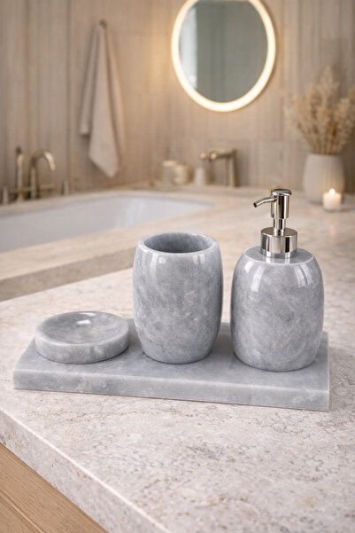 zekmar home stone طقم حمام من الرخام الرمادي مكون من 4 قطع