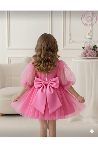 PRİNCESS Kız Çoçuk Pembe Balon Kol Eteği Tül Elbise,Kız Çoçuk Abiye Elbise,Kı...