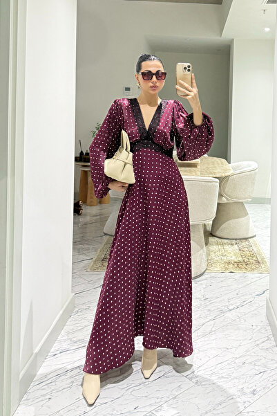 Seda Yalçın Atelier Bordo Puantiyeli Dantelli Saten Elbise