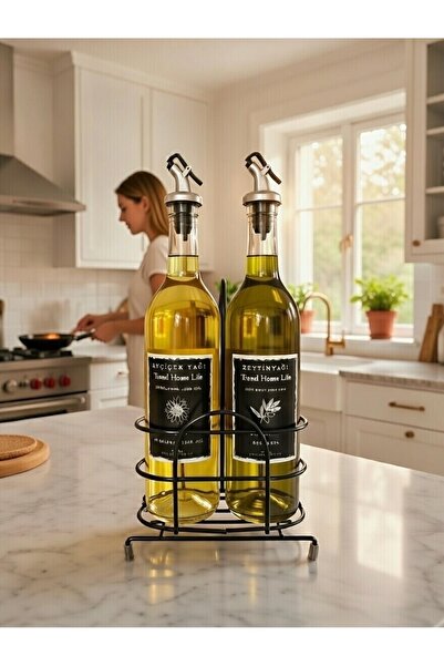 Trend Home Life 750 ml Glass Transparent Bottle with Iron Stand Olive Oil Sun...