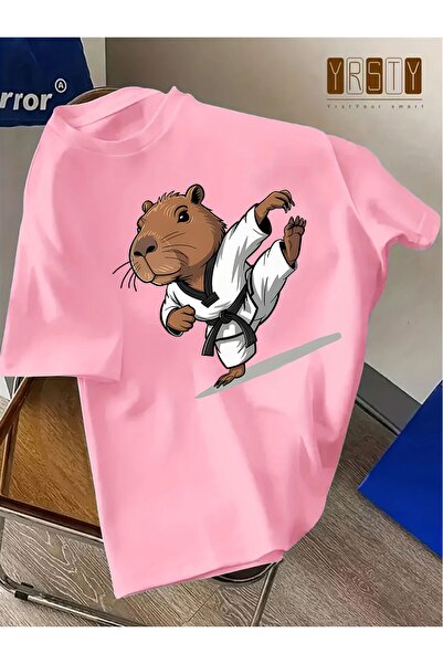 GALASHOP تي شيرت أبيض برسومات كرتونية لحيوان القندس يمارس التاي تشي