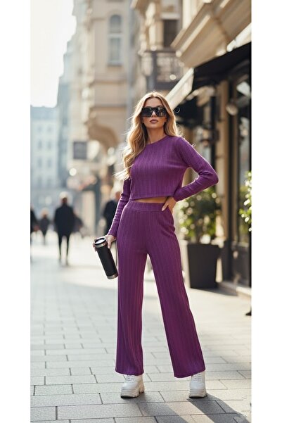 THEBEK Winter Ruffle Modal Bottom Top Crop and Pants Set