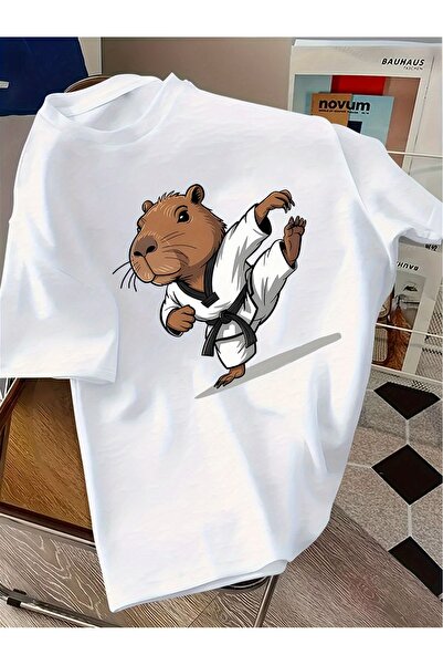 GALASHOP تي شيرت أبيض برسومات كرتونية لحيوان القندس يمارس التاي تشي