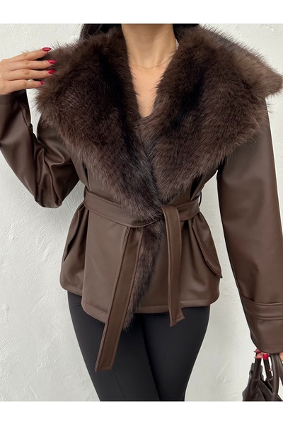 ASEDE Premium Fur Collar Tied Leather Jacket Coat
