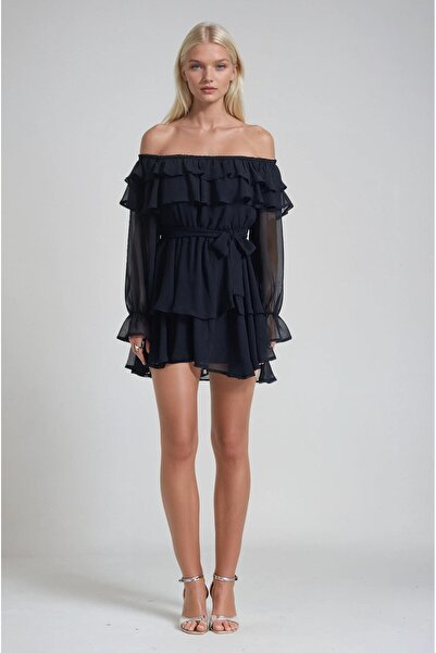 Lijuri Off-Shoulder Belted Ruffle Chiffon Mini Dress 2023