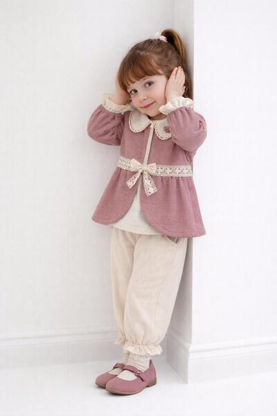 Bombili Kız Çocuk 3'lü Takım Müslin Yakalı Bluz Ceket ve Pantolon