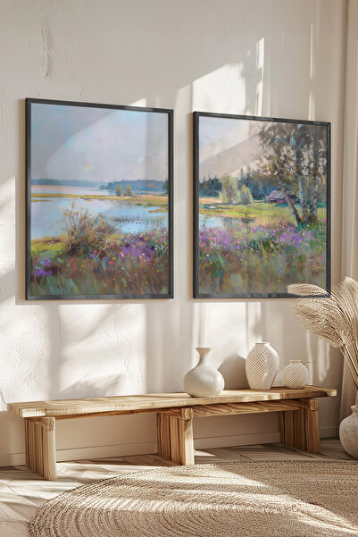 STARYUNA Black Wooden Framed Double Painting Set with Lake and Countryside Vi...