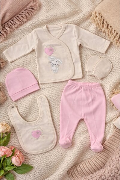 Pure Boutique Комплект от 5 бебешки дрешки за новородено момиче, розов памук ...