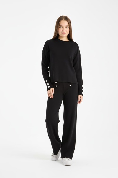 Denivy Soft Textured Stone Detailed Knitwear Double Set