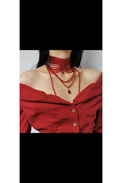 SHİNELİZE Victorian katmanlı kolye , kırmızı kristal detaylı choker kolye