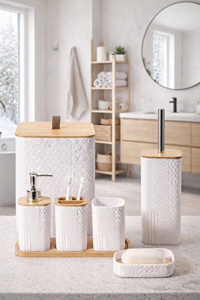 MAKRİ HOME Patterned 7 Piece Bamboo Bathroom Set with Lid and Accessories