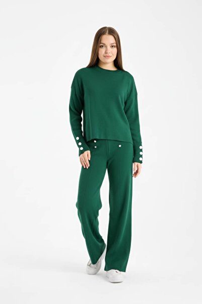 Denivy Soft Textured Stone Detailed Knitwear Double Set