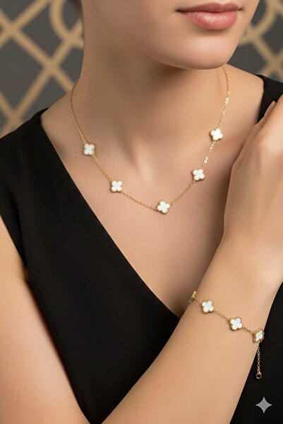 ALLURİNG THE BETTER ONE Illys Gold Cleef Model Steel Four-Leaf Clover Necklac...