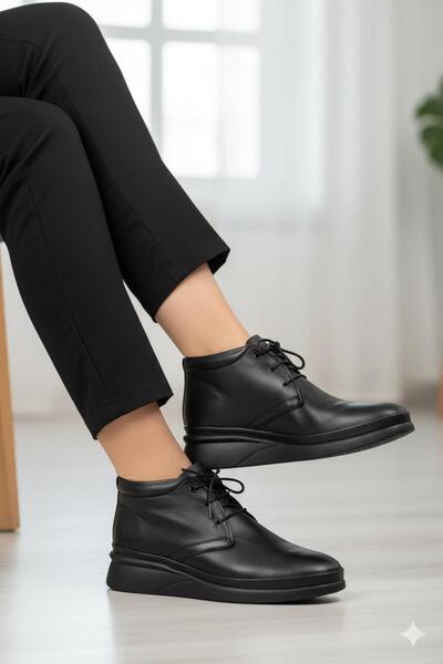 Biocomfort Genuine Leather Black Women's Boots Smart Lace-Up Casual Daily Boots