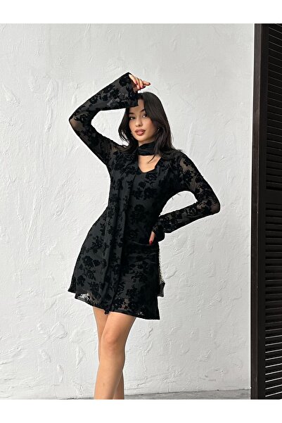 ASEDE Velvet Printed Mini Dress with Scarf Detail and Lined Interior