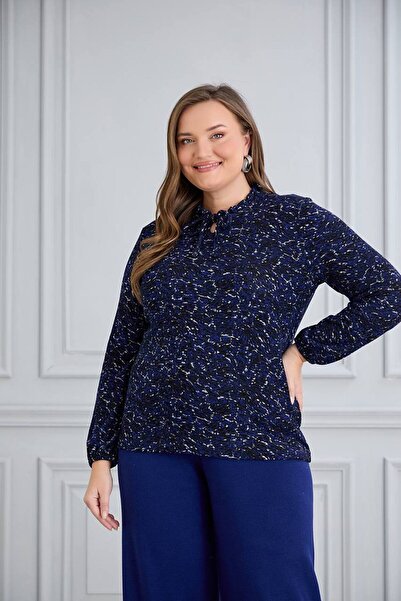 PASTEL BUTİK Patterned Comfortable Fit Plus Size Women's Lace-Up Blouse