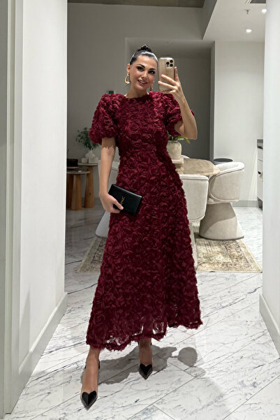 Seda Yalçın Atelier Gül Detaylı Bordo Rosella Özel Tasarım Elbise