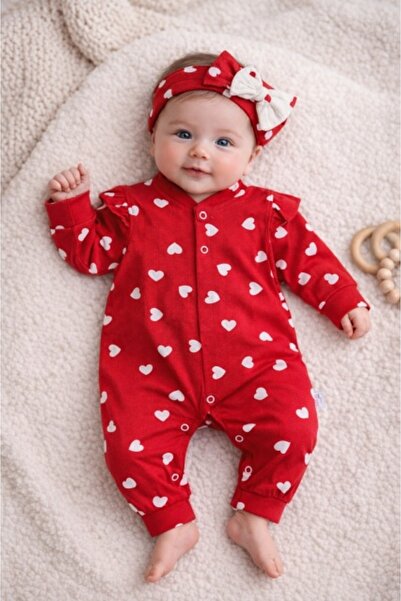 Pure Boutique Baby girl's red jumpsuit with hearts, cotton, long sleeves, hea...