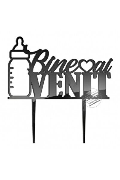 Decoratiuni Dulci Cake topper biberon cu textul Bine ai venit - Negru