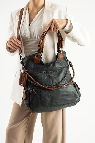 571 Collections Çanta Geantă de umăr din piele spălată, albastră