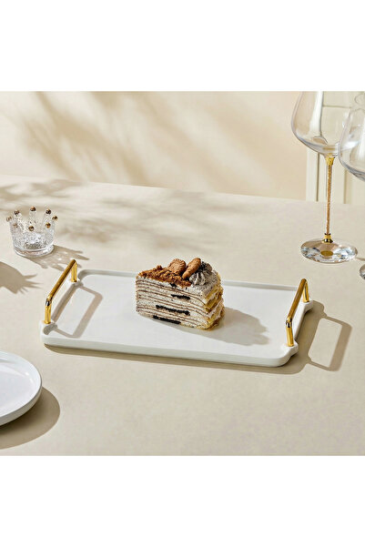 Malooki Rectangular Porcelain Serving Tray with Gold Handles, 32.5 cm - Gloss...