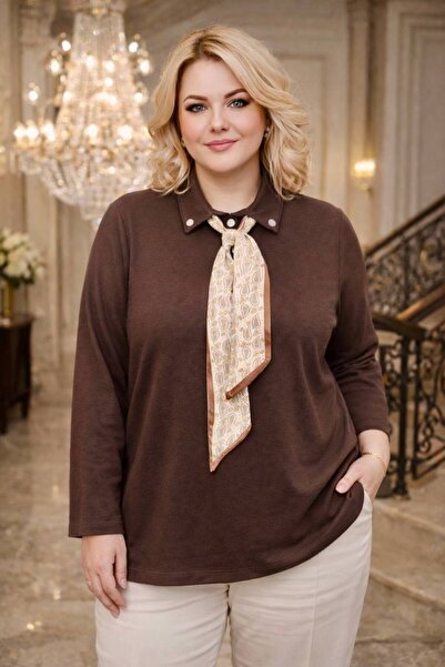 PASTEL BUTİK Scarf Detailed Shirt Collar Plus Size Women's Blouse