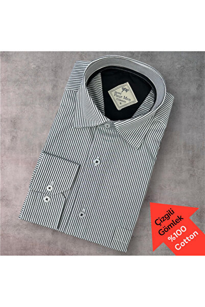 EREN STYLE Βαμβακερό μακρυμάνικο πουκάμισο με μία τσέπη και ρίγες (Κανονική ε...