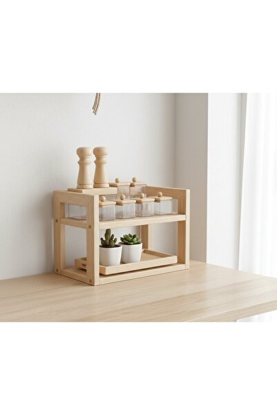 Ev dekka Ahşap 2 Katlı Baharatlık Standı - Tezgah Üstü Düzenleyici Raf - Mode...