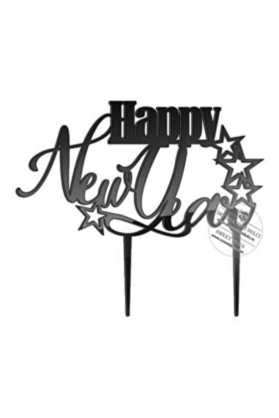 Decoratiuni Dulci Cake topper Happy New Year cu stele - Negru