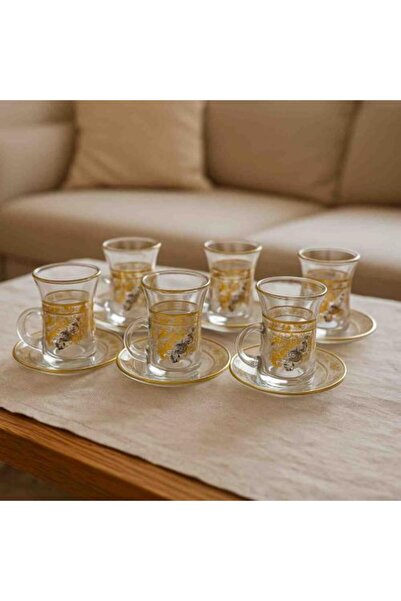 Generic Decorative Glass Tea Cups Set with Serving Plates - 6 Pieces