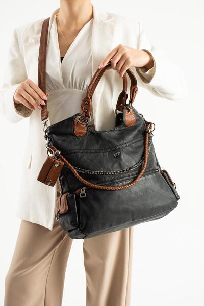 571 Collections Çanta Yıkanmış Deri Omuz Çantası Siyah