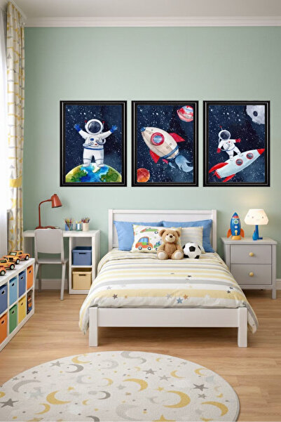 Aura Mia Store Space Themed Kids Room Wall Art – 3 Piece Set with Frame