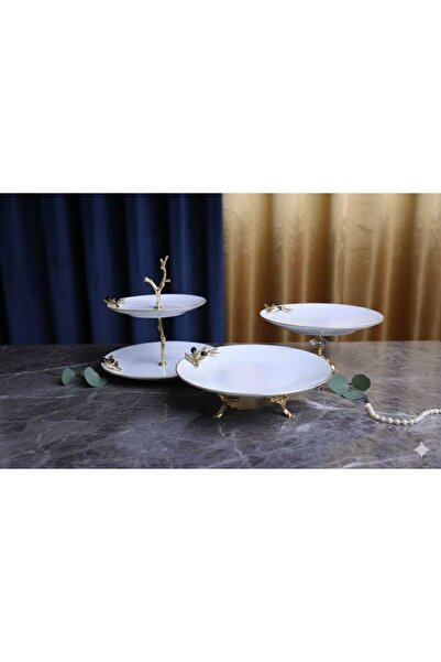 ÇNR Home Collection 3 PARÇA METAL AYAKLI PORSELEN SUNUMLUK KURABİYELİK ŞEKERLİK