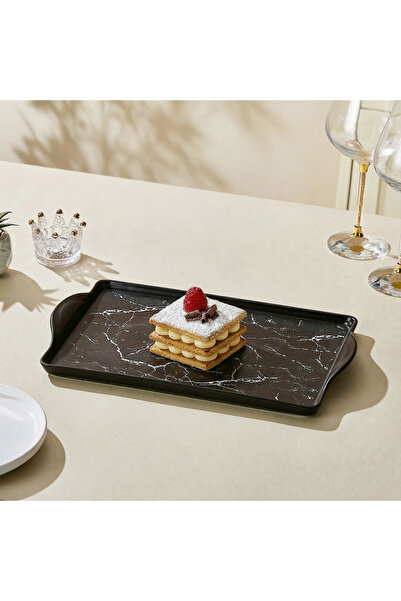 Malooki Rectangular Porcelain Serving Tray, 35.5 cm - marbled black