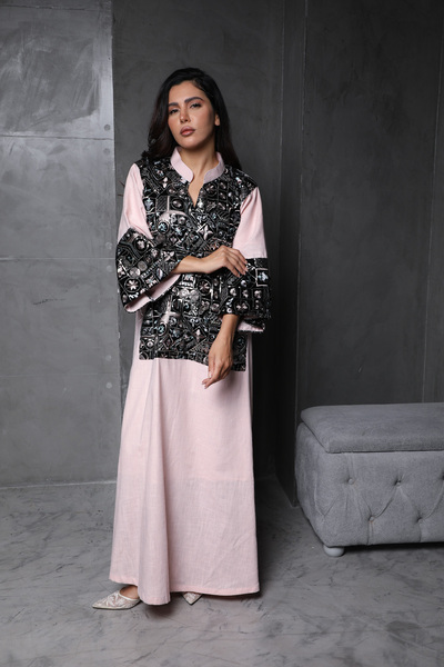 lune Luxury embroidery linen jalabiya with velvet details