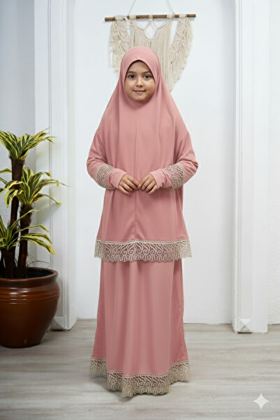 Defkay Kız çocuk etekli dantelli namaz elbisesi takımı