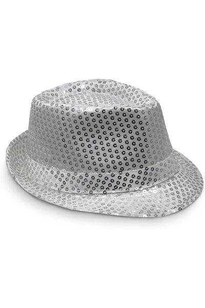 ZS DEMİR Silver Sequined Fedora Hat Adult Size