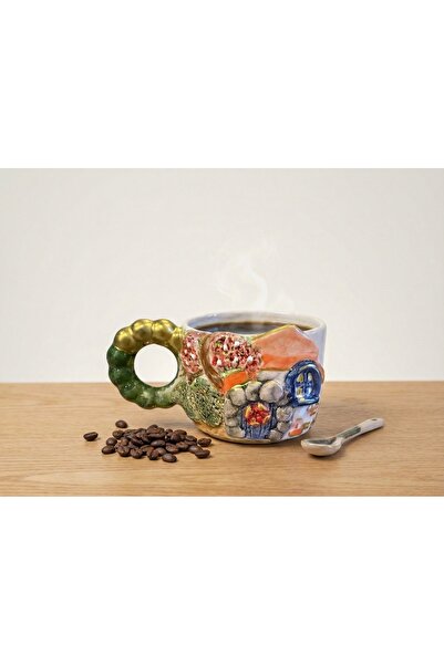 Zeynebinsırüstü El Yapımı Seramik Duble Kahve Fincanı ve Tabağı – Kabartma De...