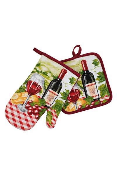 OEM Oven Mitt and Napkin Set with Wine Glass Design - 2pcs